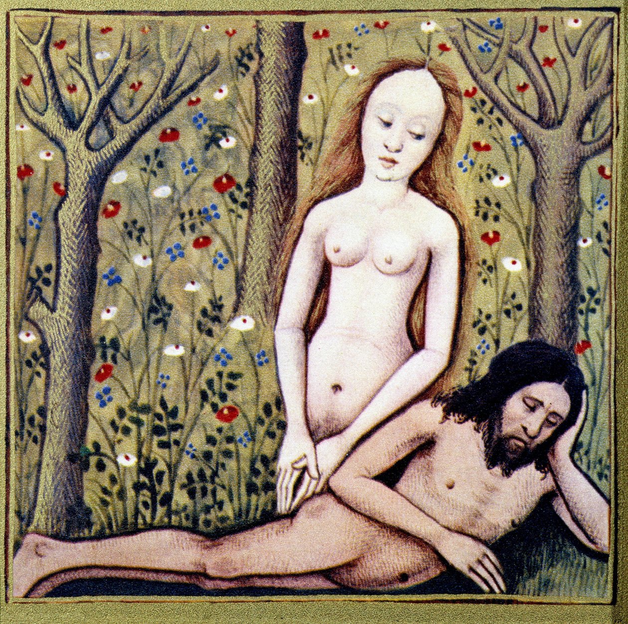Skabelsen af Adams lår Eva - efter "Des dames de renom" af Boccace, chromo. af French School
