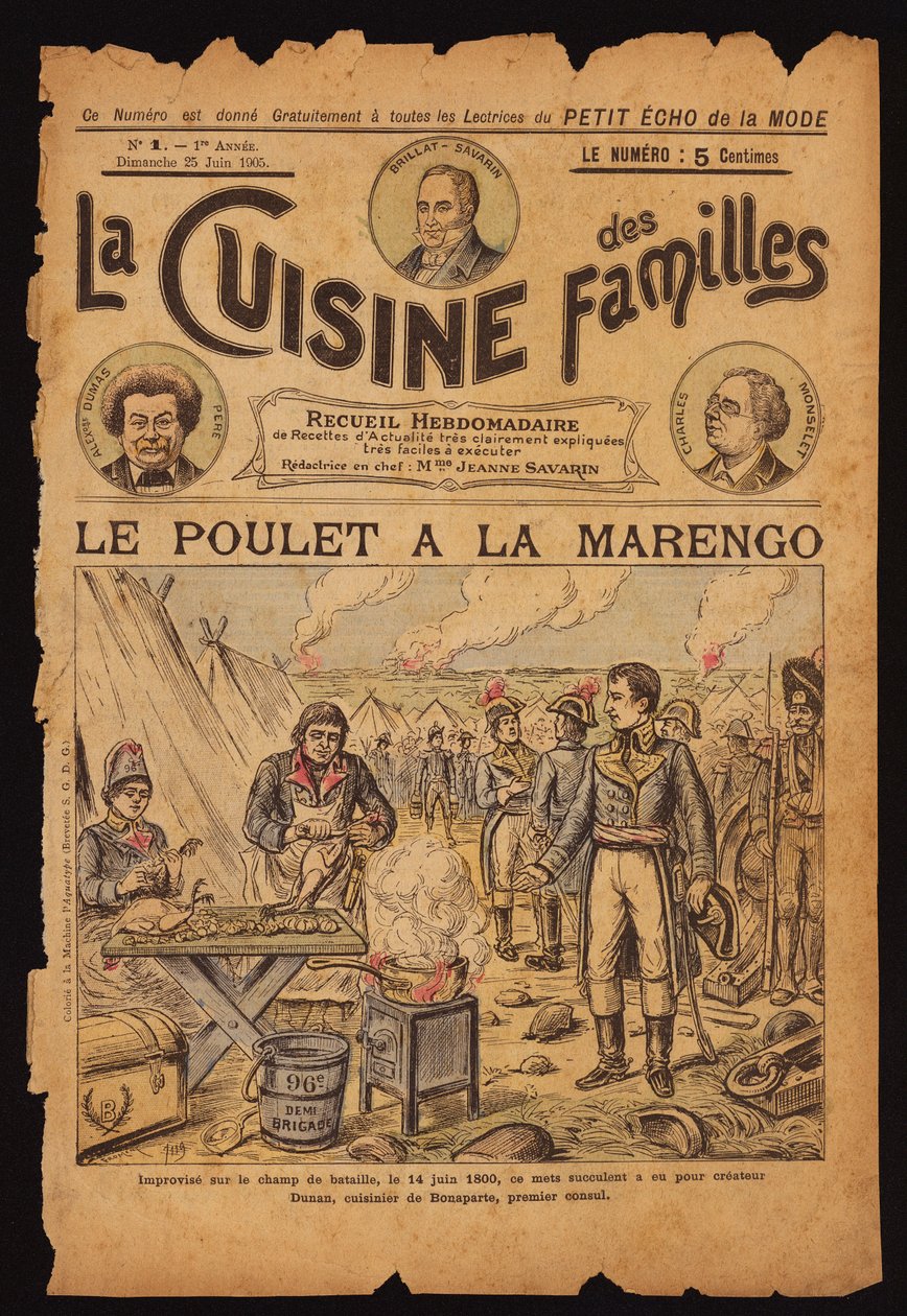 Skabelse af kylling Marengo (farvet gravering) af French School