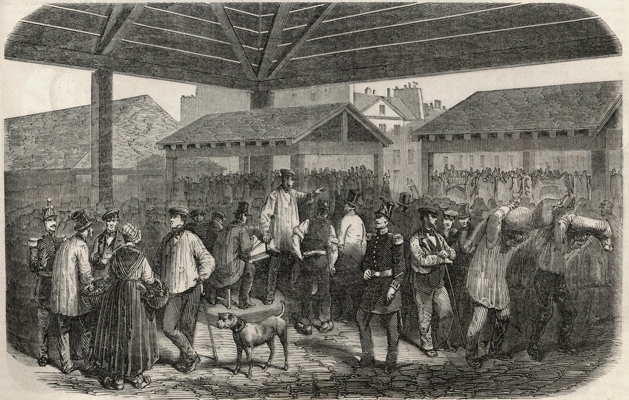 Skaber slagterkød på markedet på rue des Prouvaires i 1. arrondissement i Paris - Indgravering i "Tableau-de-Paris"" af Edmond Texier 1852 af French School