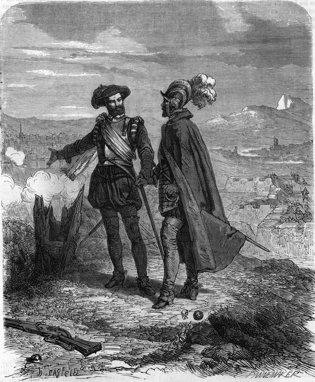 Crillon og Maximilian af Bethune, hertug af Sully, fransk statsmand og rådmand for Henrik IV, under Savoyens belejring (1600-1601). I "" Histoire Populaire de la France"", gravering af det 19. århundrede. af French School