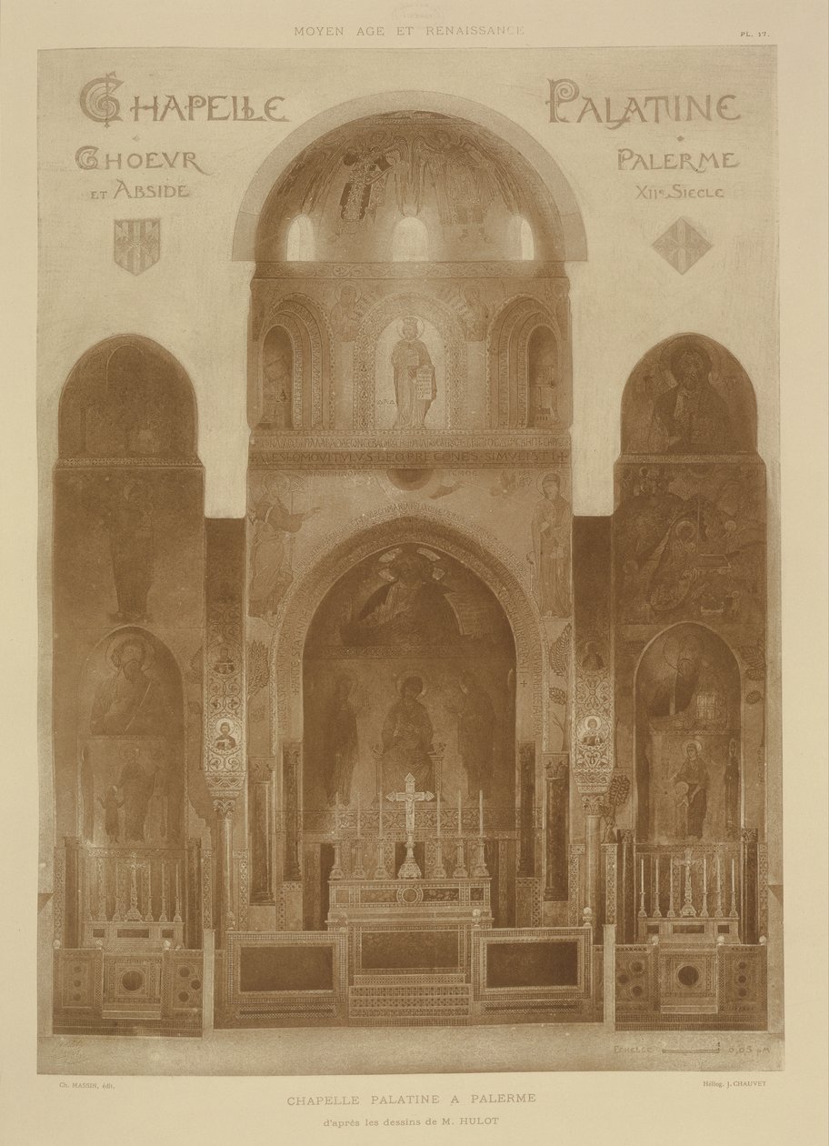 Tværsnit fra østenden af Palatinerkapellet, Palermo, Sicilien, fra Fragments dArchitecture du Moyen Age et de la Renaissance, indgraveret af Jules Adolphe Chauvet (f.1828) af French School