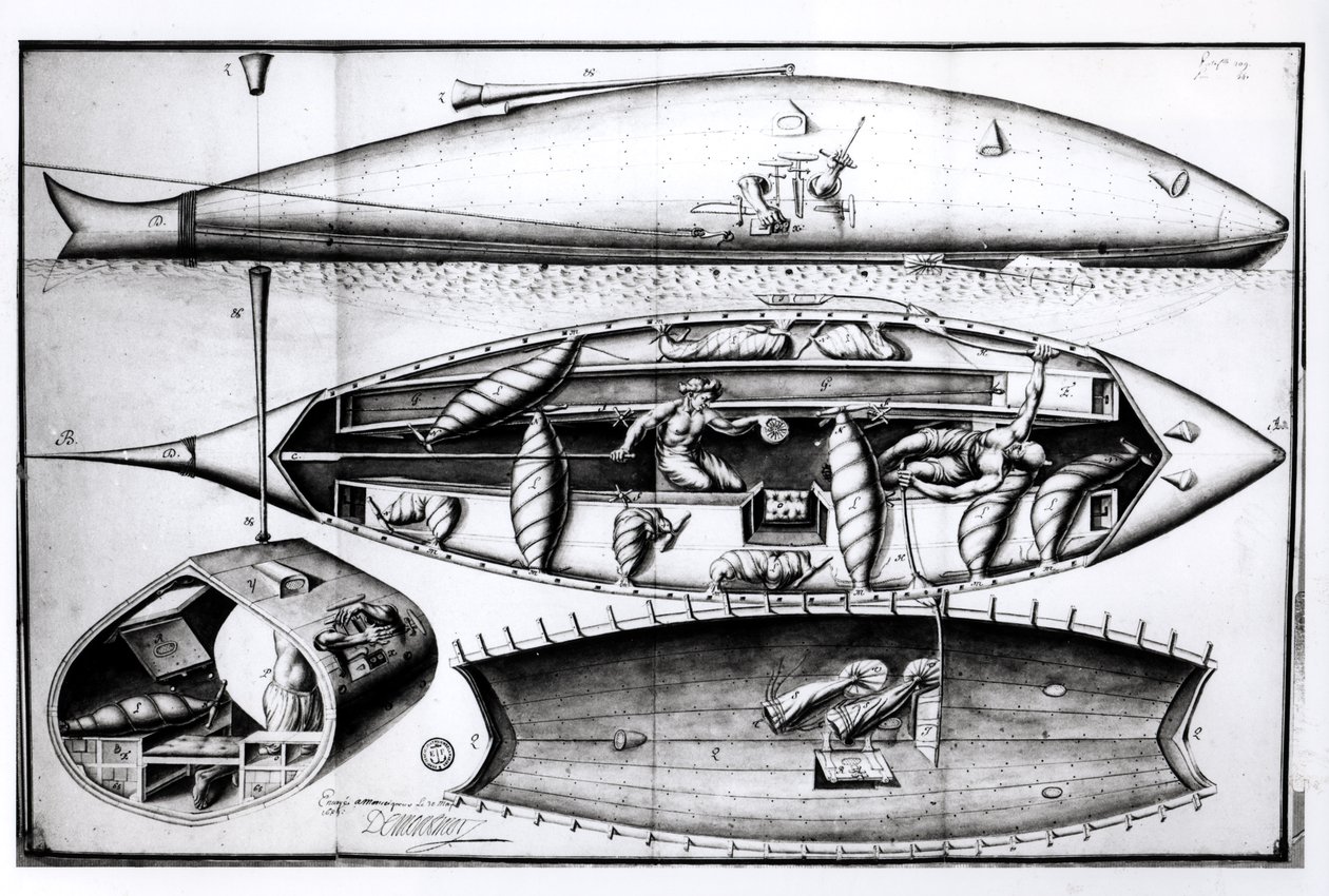 Tværsnit af en ubåd, fra et manuskript, marts 1689 af French School