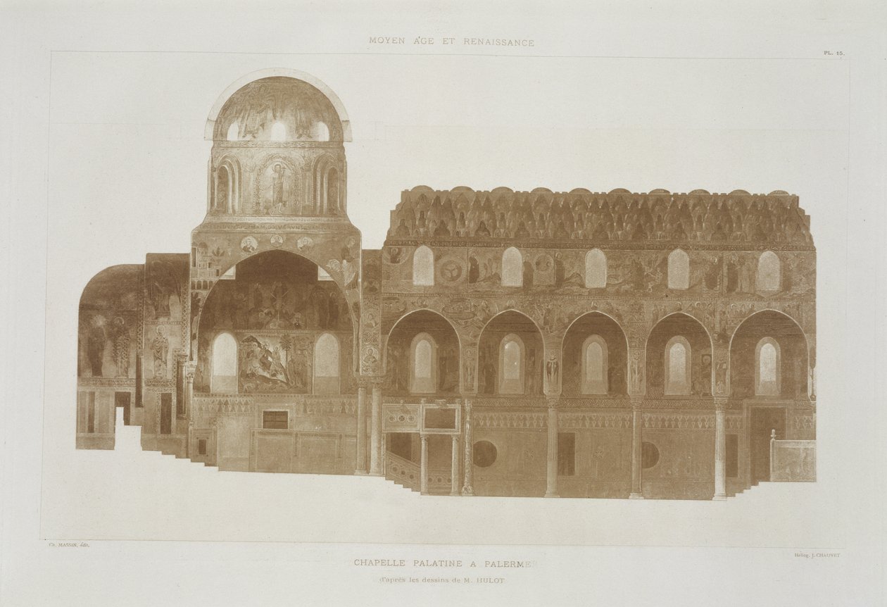 Tværsnit af Palatinerkapellet, Palermo, Sicilien, fra Fragments dArchitecture du Moyen Age et de la Renaissance, indgraveret af Jules Adolphe Chauvet (f.1828) af French School