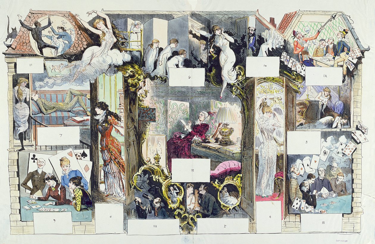Tværsnit af et parisisk hus, illustration fra La Vie Parisienne, ca. 1875 (farvestik) af French School