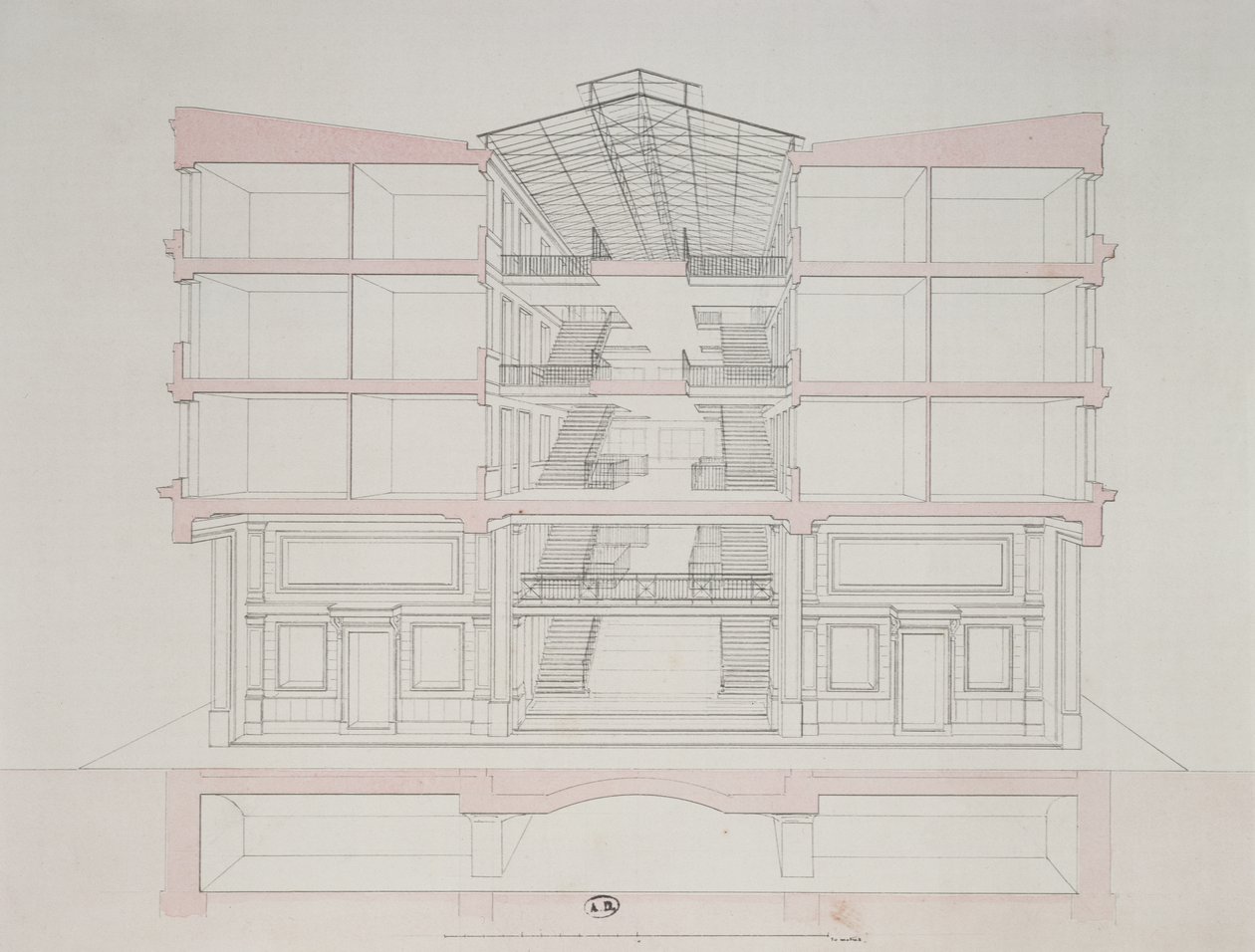 Tværsnit af et hus i Napoleons boligbyggeri, 58 rue Rochechouart, Paris, 1849 af French School