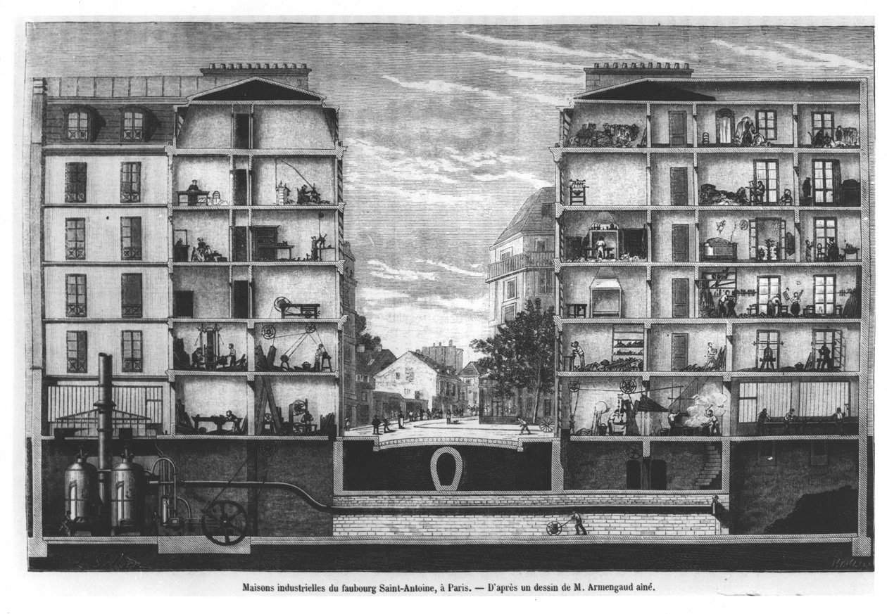 Tværsnit af industrihuse ved Faubourg Saint-Antoine i Paris, illustration fra Le Magasin Pittoresque, 1885 af French School