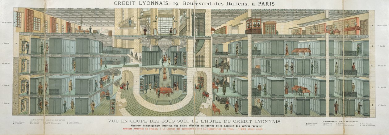 Tværsnit af kælderen i Credit Lyonnais, 19 Boulevard des Italiens, ca. 1878-82 af French School