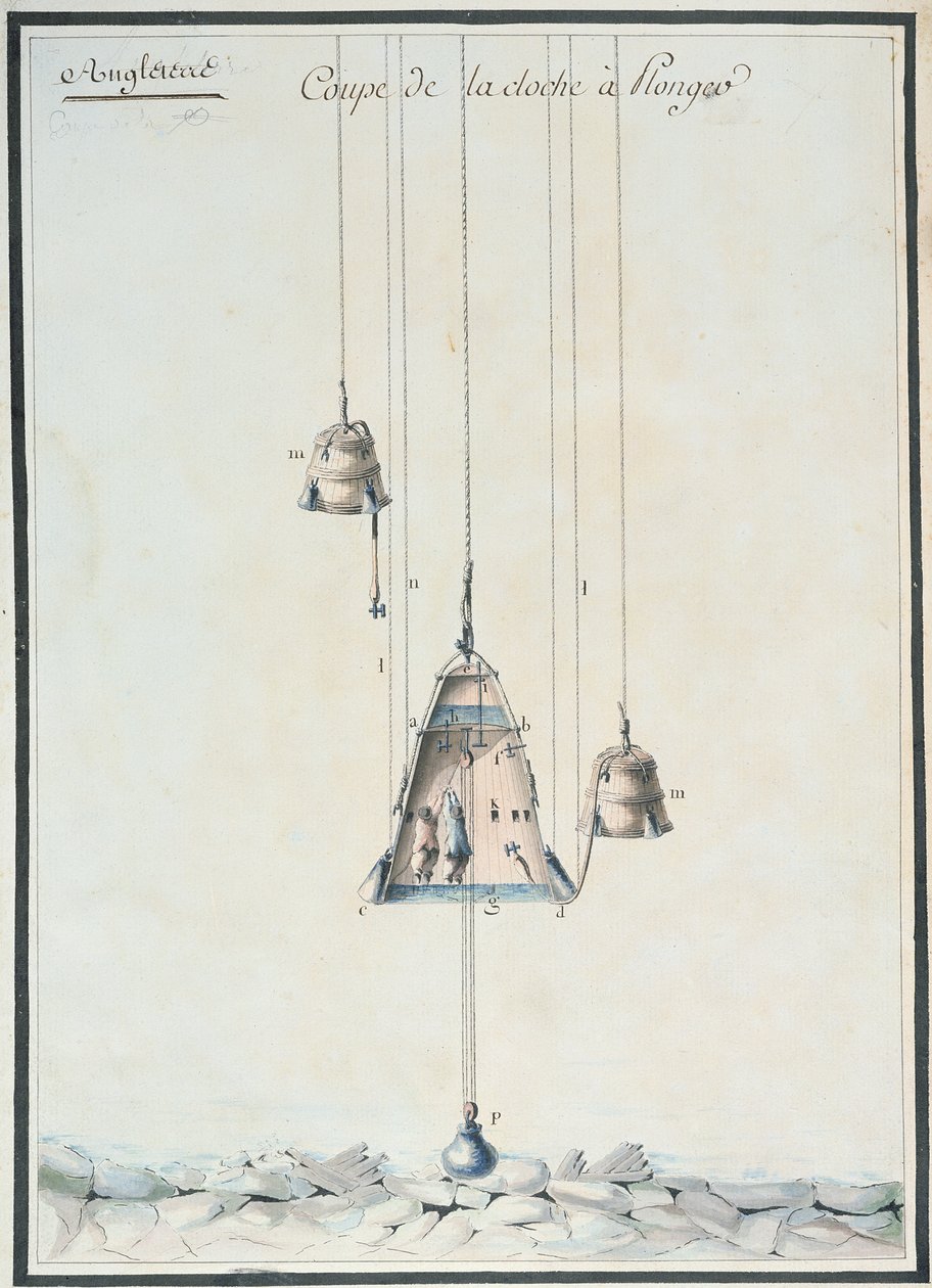 Tværsnitstegning af en dykkerklokke, 1785 (wc på papir) af French School