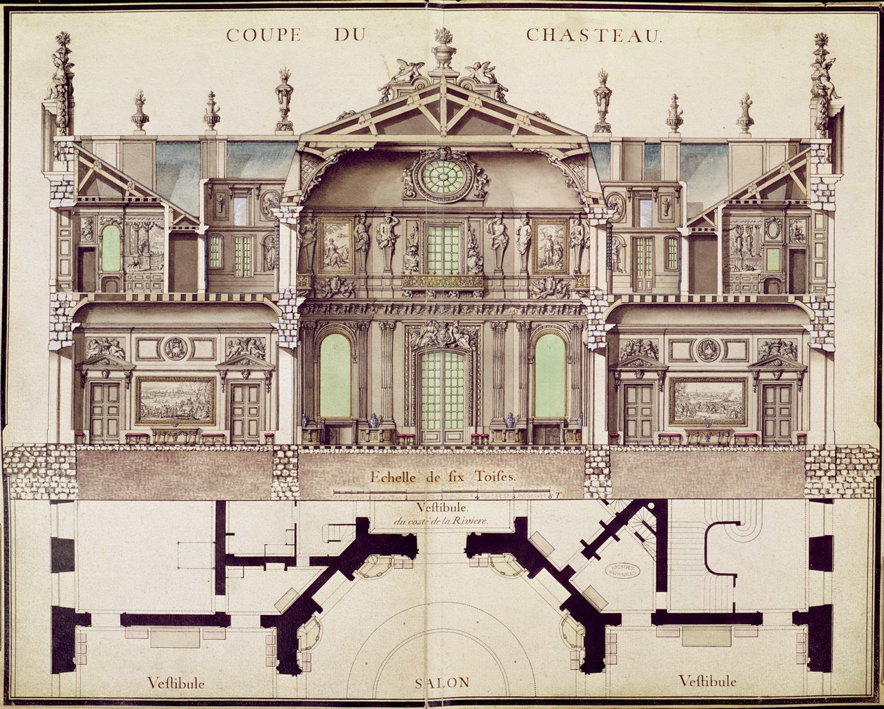 Tværsnitsplan af Chateau de Marly, 1714 af French School