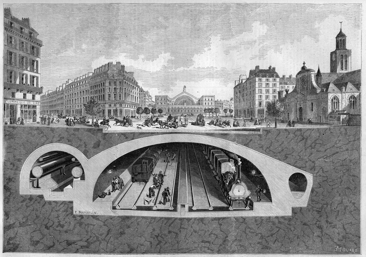 Tværsnit, der repræsenterer det underjordiske jernbaneprojekt i Paris, fra Vilette til de centrale haller, i 1861. Indgravering i "" Le Monde Illustré"" nr. 213 af 11. maj 1861. af French School