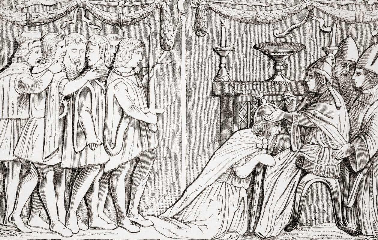 Kroning af Sigismund som hellig romersk kejser af pave Eugene IV i 1433, fra L"Histoire Universelle Ancienne et Moderne, udgivet i Strasbourg ca. 1860 af French School