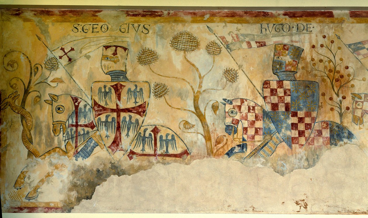 Korstog: afgang fra Knights for the Crusade: repræsentation af Saint George og Hugh I af Vermandois (1057-1102) (?) eller Hugh XII af Lusignan (?). Detalje af en fresco af Saint Jacques de Gueret af French School