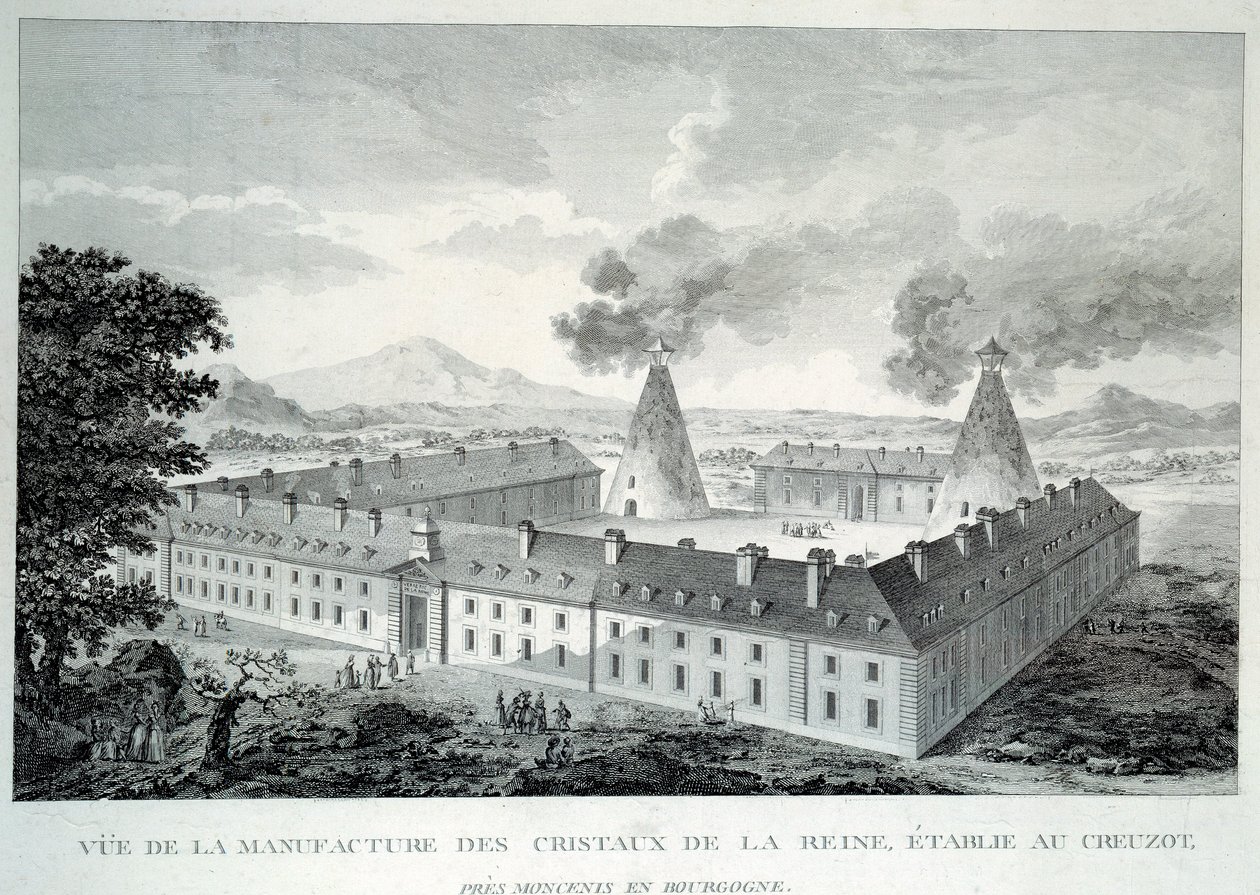 Krystalværker af dronning Marie Antoinette i Creusot nær Moncenis i Bourgogne. Stik fra 1787. Le Creusot, Ecomusee af French School
