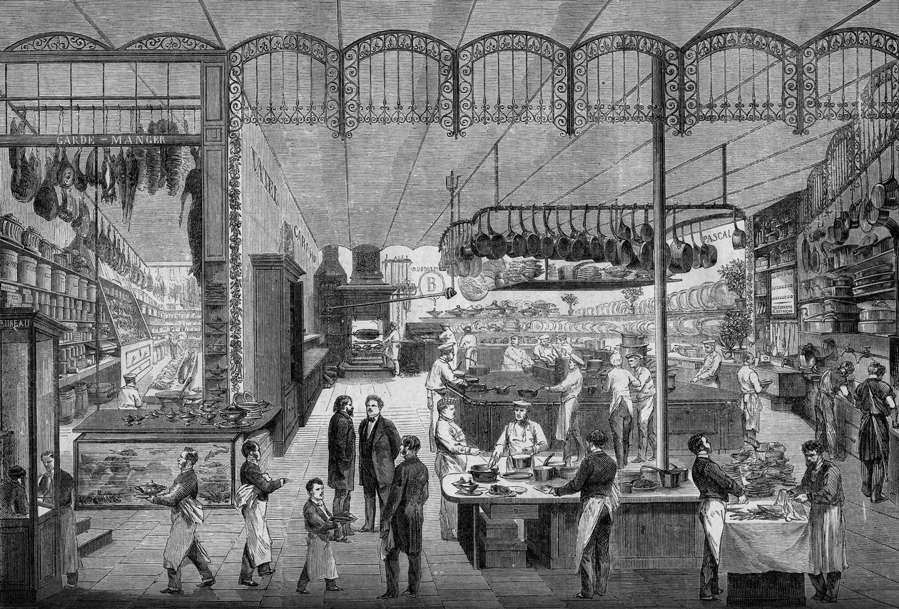Kokke og tjenere på arbejde i køkkenerne i Café Riche i Paris i 1866. Indgravering i ""Le Monde Illustre"" nr. 499 af 3. november 1866. af French School