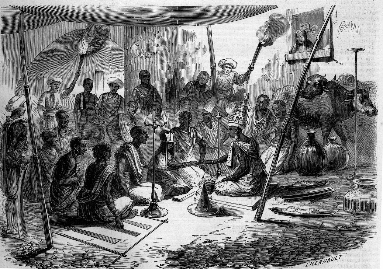 Skik i Indien - ægteskab: indenlandsk ceremoni af et bryllup af French School