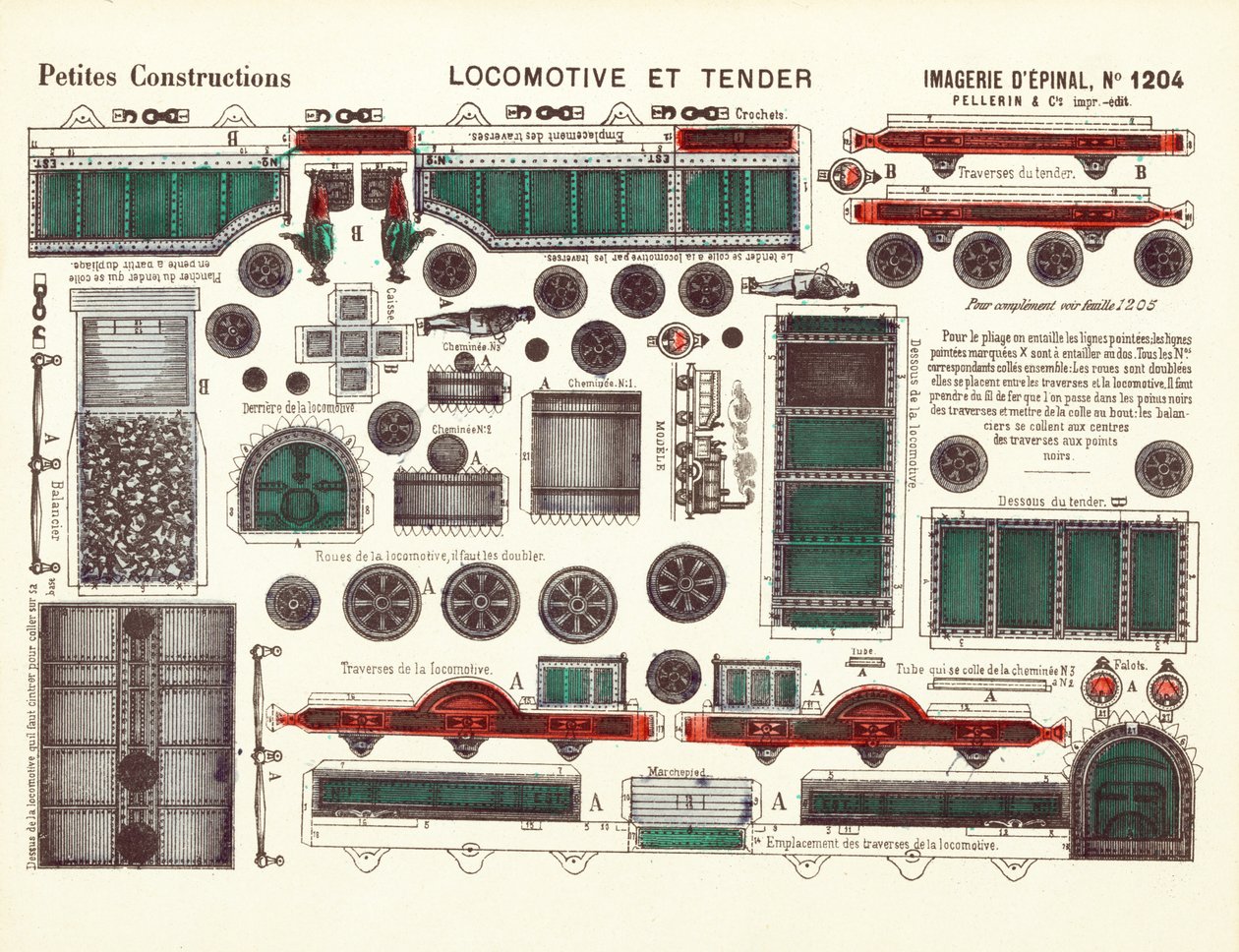Udskårne designs til et damplokomotiv og tender, ca. 1880 (farve litho) af French School