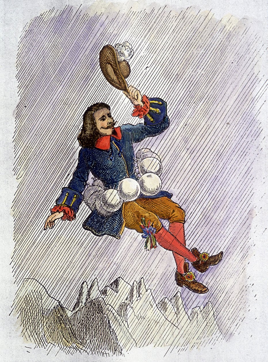 Cyrano de Bergerac i stand til ved sine hætteglas, illustration af Cyrano de Bergeracs roman: "" L