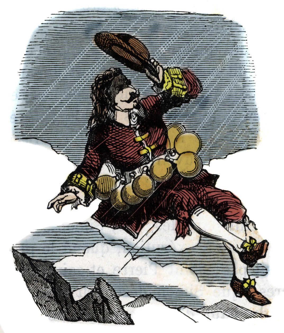 Cyrano de Bergerac rejser sig på himlen takket være hætteglas med rosee og rejse til månen, illustration af romanen af Hercules Savinien Cyrano de Bergerac (1619-1655): "" Den anden verden" af French School