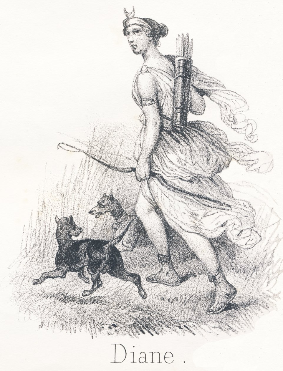D Diana: Apollons tvillingesøster I himlen, hun var Phebe eller Månen, havde til opgave at oplyse jorden I Helvede, hun var Hecate og præsiderede over sjæles domme. På jorden var hun Diana, jagtens gudinde af French School