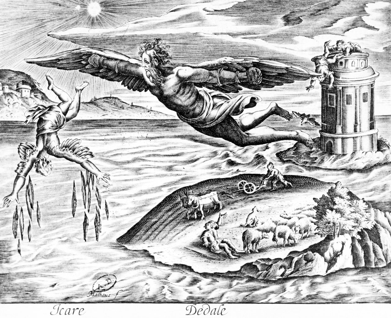 Daedalus flygter fra Kreta med sin søn, Icarus, ser ham falde i døden, 1619 af French School