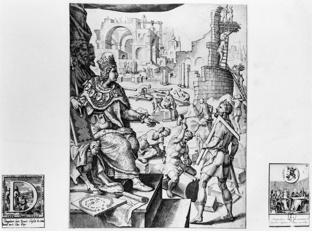 Dagobert I (605-39), konge af frankerne, overvåger bygningen af Basilique Saint-Denis af French School