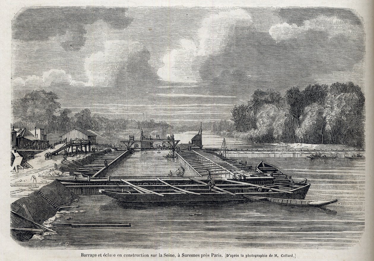 Dæmning brød ud på Seinen i SURESNES i 1866 - Gravering - Le Monde Illustré 1866 af French School
