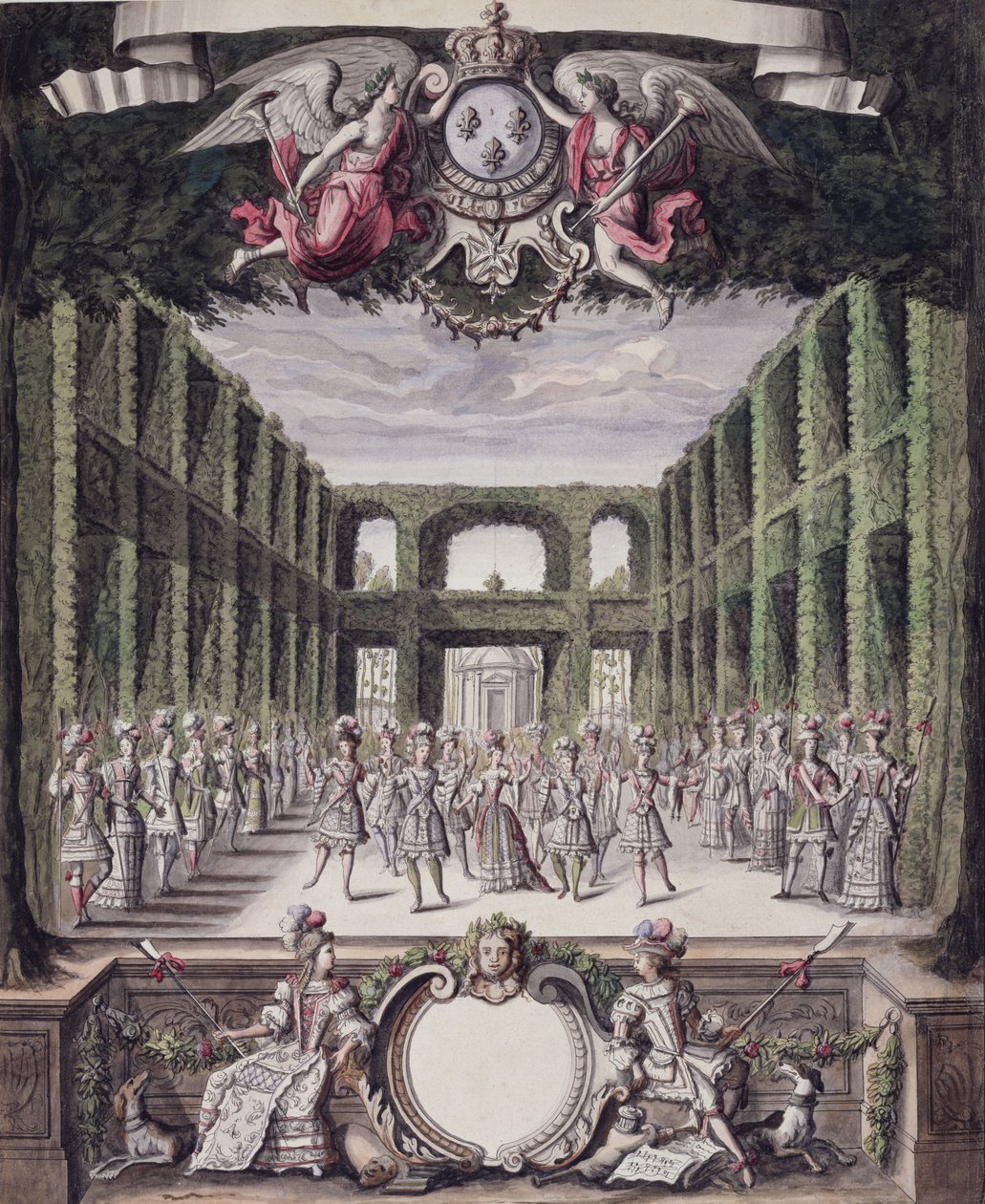 Dans i en formel have fra en samling med titlen Les Menus Plaisirs du Roi (pen & blæk og wc på papir) af French School
