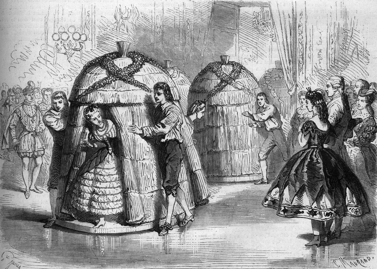 Danseshow ved kostumebal givet af imponen Eugenie de Montijo: "The ankomst af bistader"". Fire bi-dansere kommer ud af bistaderne. Indgravering i "" Le Monde Illustré"" nr. 305 af 14. februar 1863. af French School