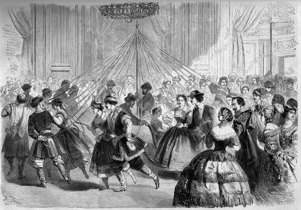 Dans: skatergitteret. Danserne holder et bånd, hvis ende er fastgjort til en majplante i midten af en cirkel. Scene ved bal givet af grev Walewski i 1861. Indgravering i "" Le Monde Illustré"" nr. 202 af 23. februar 1861. af French School