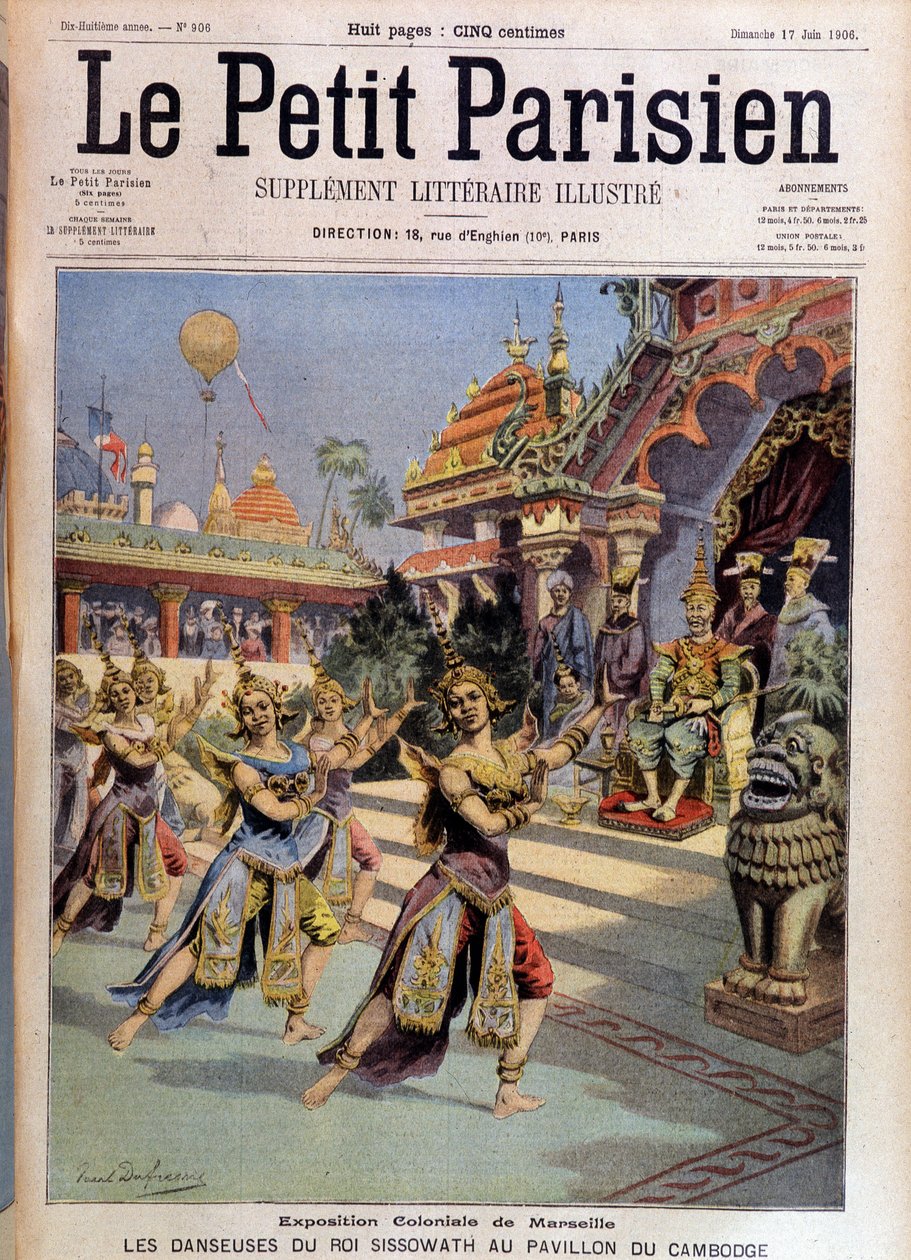 Dansere af kong Sissovath ved pavillonen i Cambodja, kolonial udstilling af Marseille - i "" Le Petite Parisien"" fra 17/06/1906. af French School