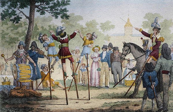 Dansere på stylter ved Les Champs Elysees (farve litho) af French School