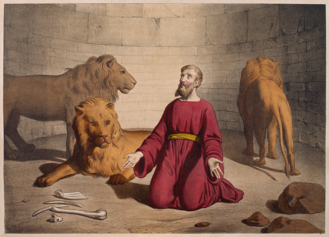 Daniel i løvehulen, illustration fra en katekismus LHistoire Sainte, udgivet af Charles Delagrave, Paris, slutningen af det 19. århundrede af French School