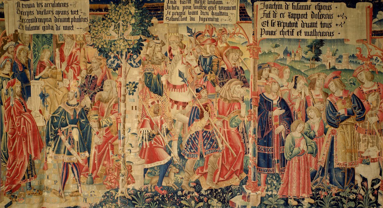 Daniel forhørte de ældste, de ældste førte til deres henrettelse og Susanna græd på vej til sin retssag, højre panel fra historien om Susanna af French School
