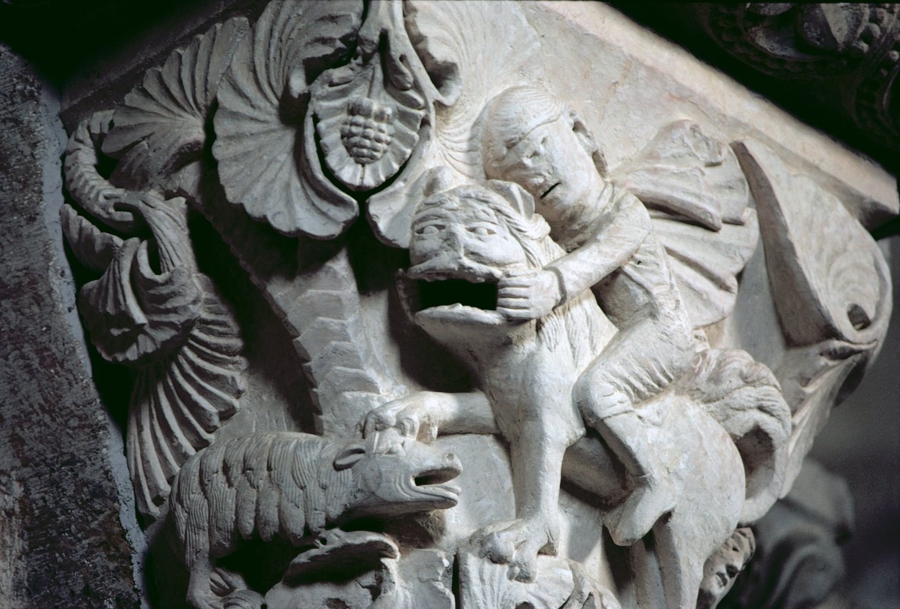 David Slaying the Lion (detalje af en hovedstad) c.1130 (sten) af French School