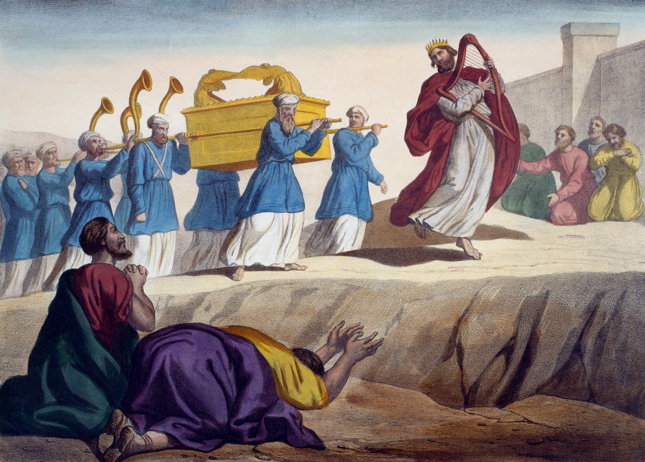 David eskorterer Pagtens Ark til Jerusalem, illustration fra en katekismus LHistoire Sainte, udgivet af Charles Delagrave, Paris, slutningen af det 19. århundrede af French School