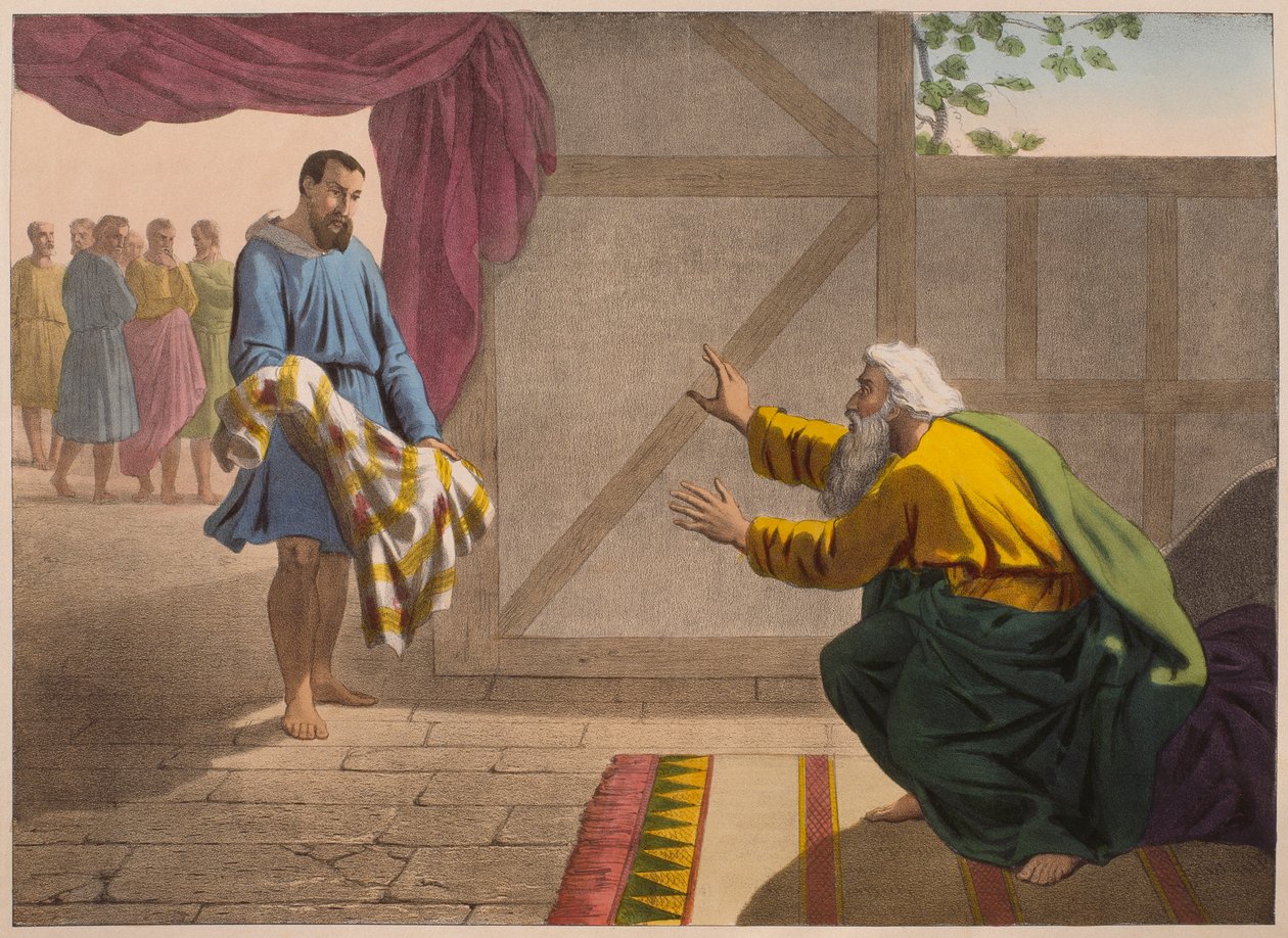 David viser Saul et stykke af sit tøj, illustration fra en katekismus 