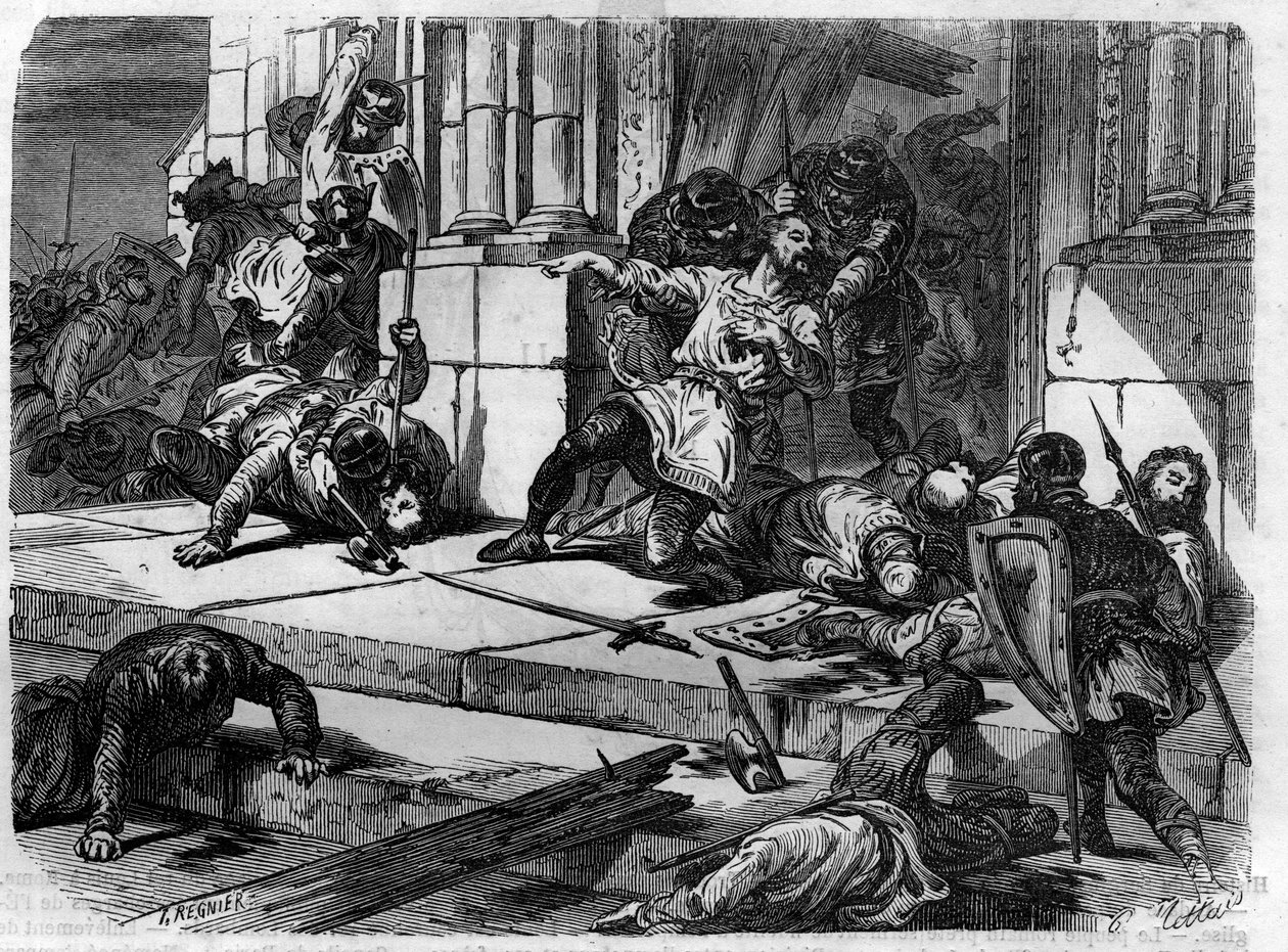 Diakon John får brudt dørene til Latrans palads ned. Indgravering i "Histoire des Papes-Rois-Queen and Empereurs a travers les centuries"" af Maurice Lachatre af French School