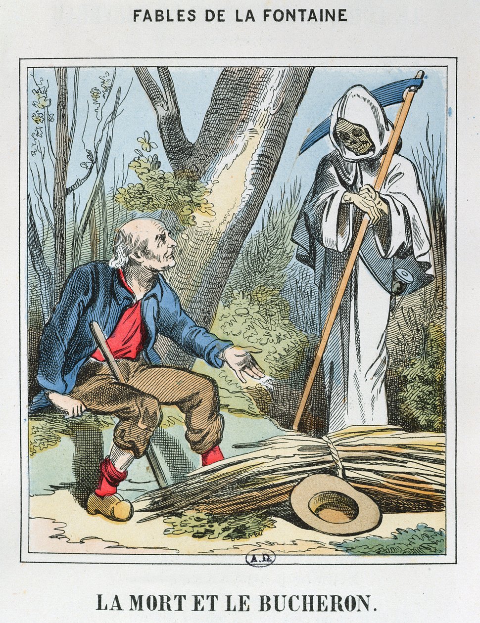 Death and the Woodman (farvet gravering) af French School