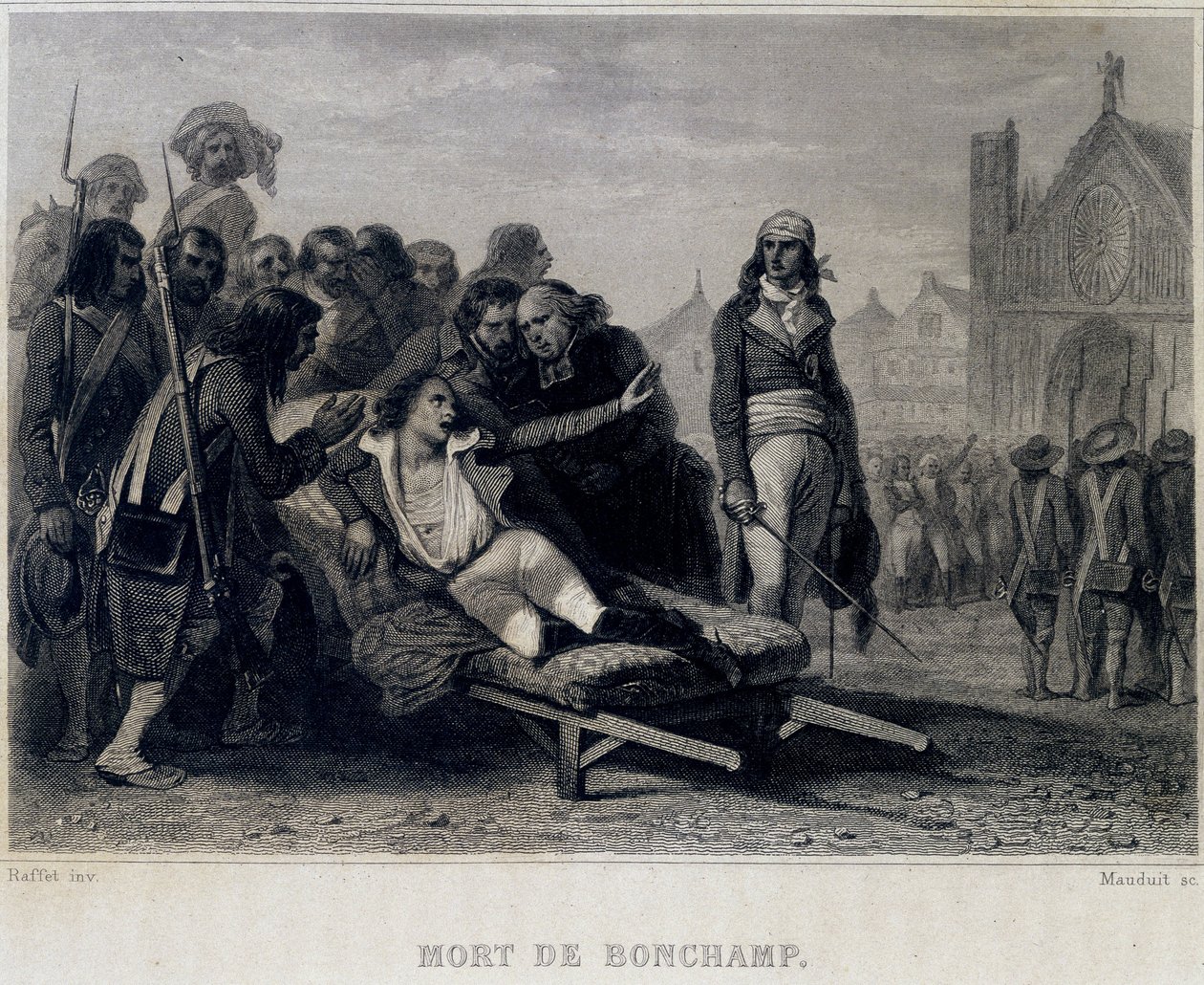 Death of Bonchamp ou Bonchamps (1793) - i "" Revolution francaise"" af Thiers. 19. århundrede af French School