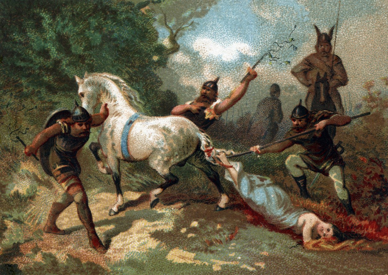 Brunehauts (eller Brunehildes) død (bundet til halen på en ukuelig hest) bestilt af Clotaire II (613). Kromolitografi sidst i det 19. århundrede. af French School