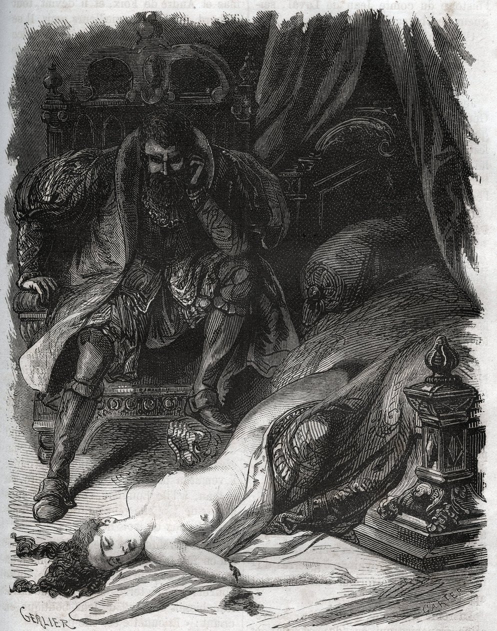 Francoise de Foix, grevinde af Chateaubriant (ca. 1495-1537), myrdet af sin mand Jean de Laval Comte de Chateaubriant (Laval-Chateaubriant) (1486-1543), der således tog hævn over sin kones vantro. Stik fra 1871 i “Histoire Des af French School