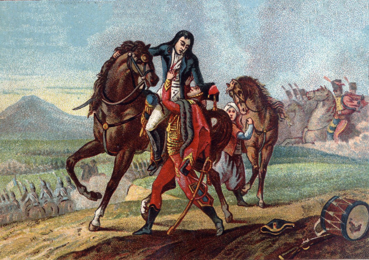 General Charles Antoine Desaix de Veygoux (1768-1800) død i armene på søn af konsul Lebrun i slaget ved Marengo af French School