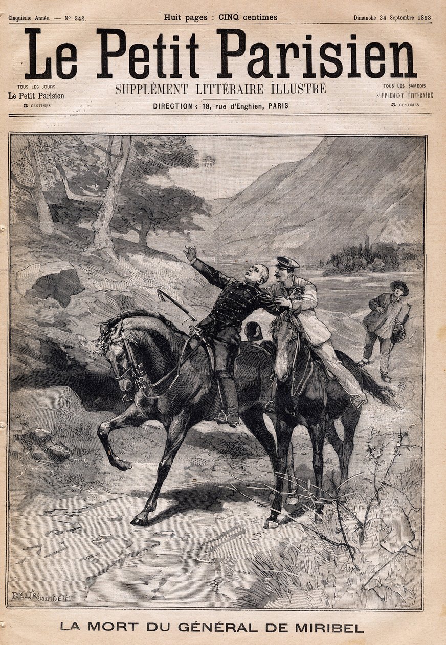 General Marie Joseph Francois de Miribels (1831-1893) død af en apopleksikrise ved hjemkomst fra en inspektion i Alperne. En af avisen "Le Petit Parisien"" den 24/09/1893. af French School