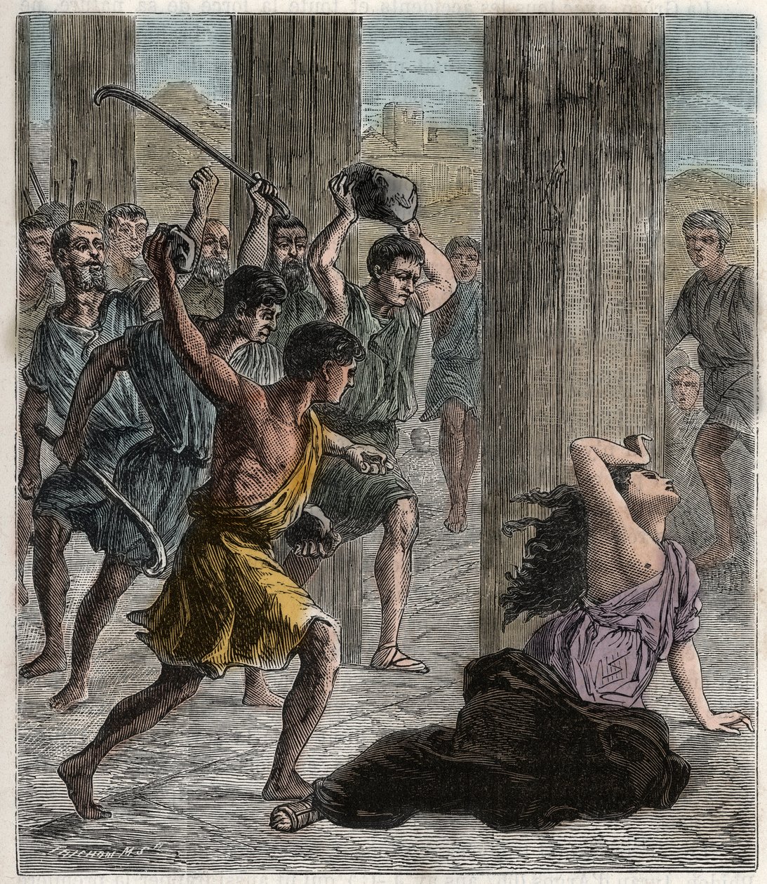 Death of Hypatia - Hypatia (c370-415) kvindelig matematiker og filosof (neoplatonist) myrdet af tilhængere af Cyril, patriark af Alexandria - Death of Hypatia (Hypatia) - Indgravering i "" Videnskaber bragt til alle - fysik og kemi" b af French School