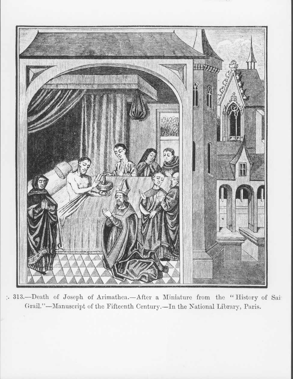 Joseph af Arimatheas død, fra Saint Graals historie, illustration fra videnskab og litteratur i middelalderen og renæssancen, skrevet og indgraveret af Paul Lacroix, 1878 ( af French School