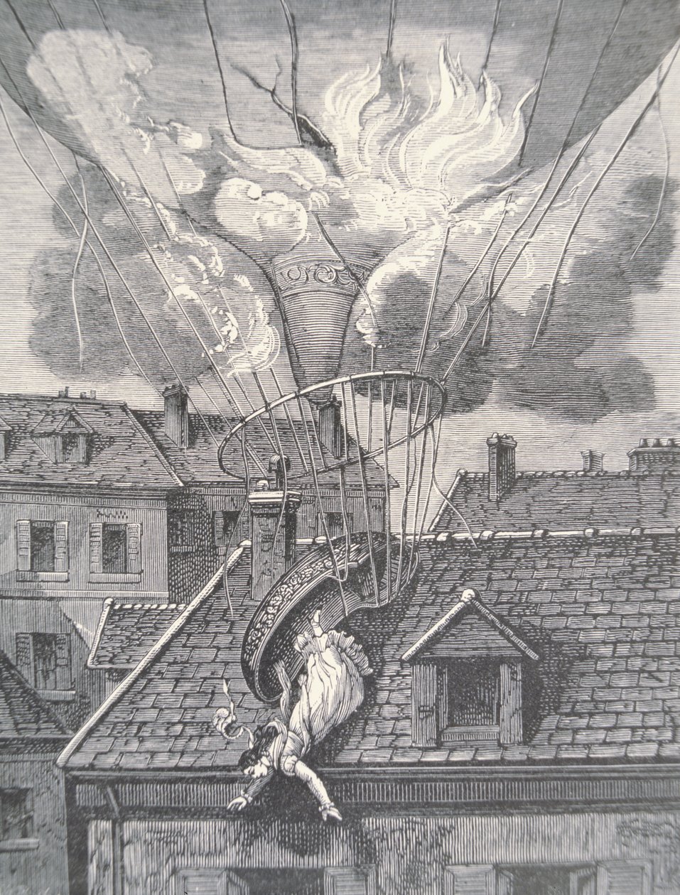 Madame Blanchards død i en luftfartsulykke i 1819 af French School