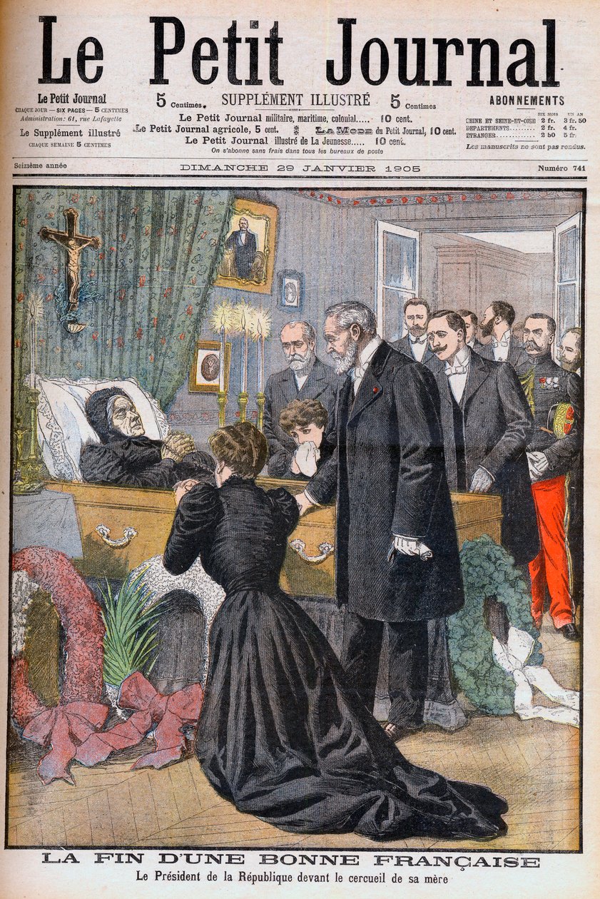Moderen til Frankrigs præsident Loubets død. Slutningen på en god franskkvinde. Republikkens præsident foran sin mors kiste. Illustration til Le Petit Journal, 29. januar 1905 (gravering) af French School