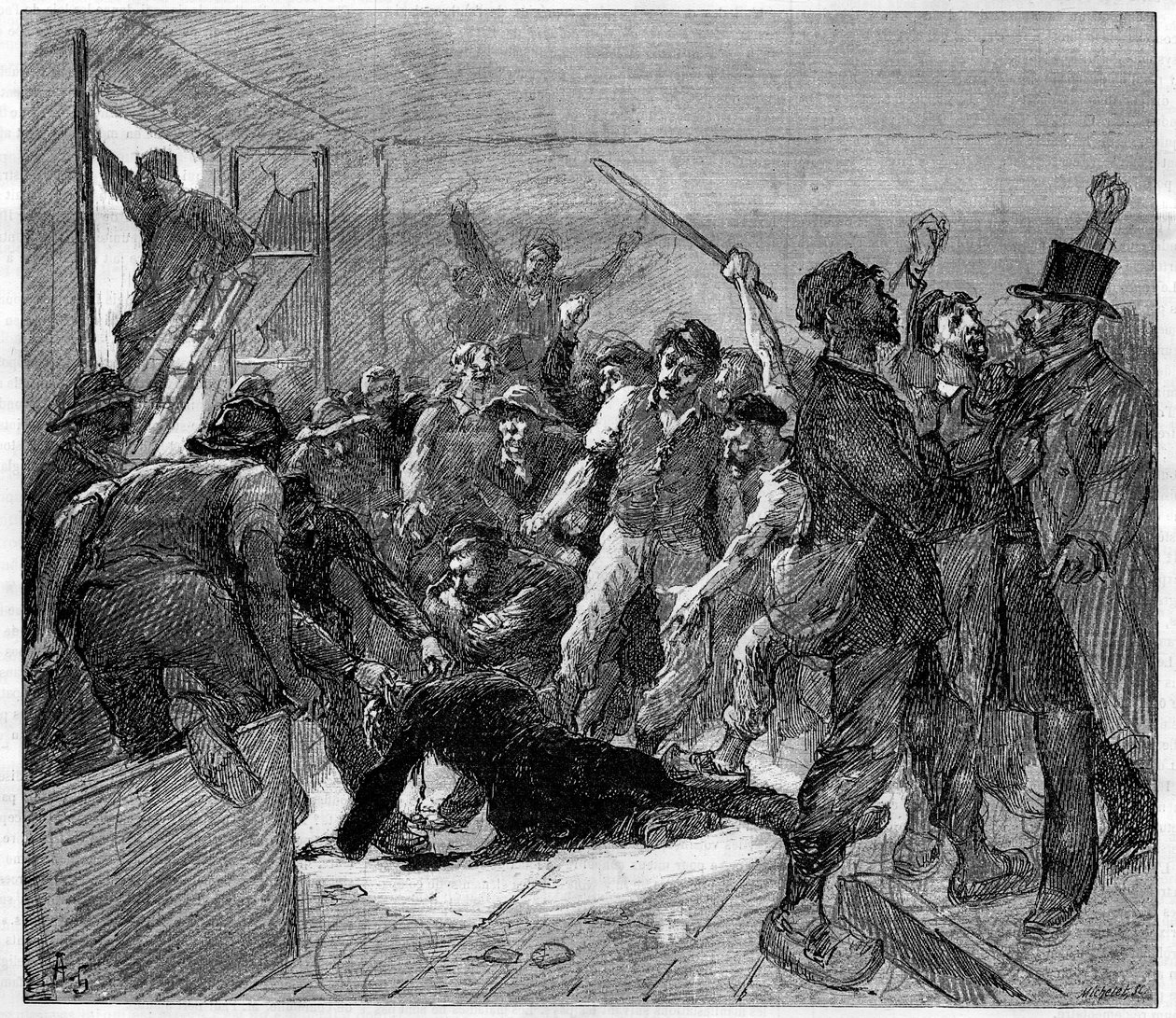 Decazeville (Aveyron) minearbejdere strejker i 1886: ingeniør Watrin blev myrdet af grevisterne. Indgravering i "" Le Monde Illustré", 6. februar 1886. af French School