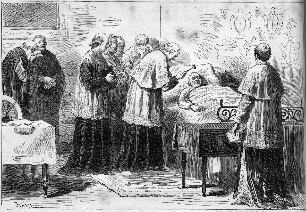 Deces af pave Pius IX (Pio) (1792-1878): ritual for anerkendelse af pavens død. En kardinal slår den afdødes pande med en sølvhammer. Indgravering i "" Le Monde Illustré"" nr. 1089 af 16. februar 1878. af French School