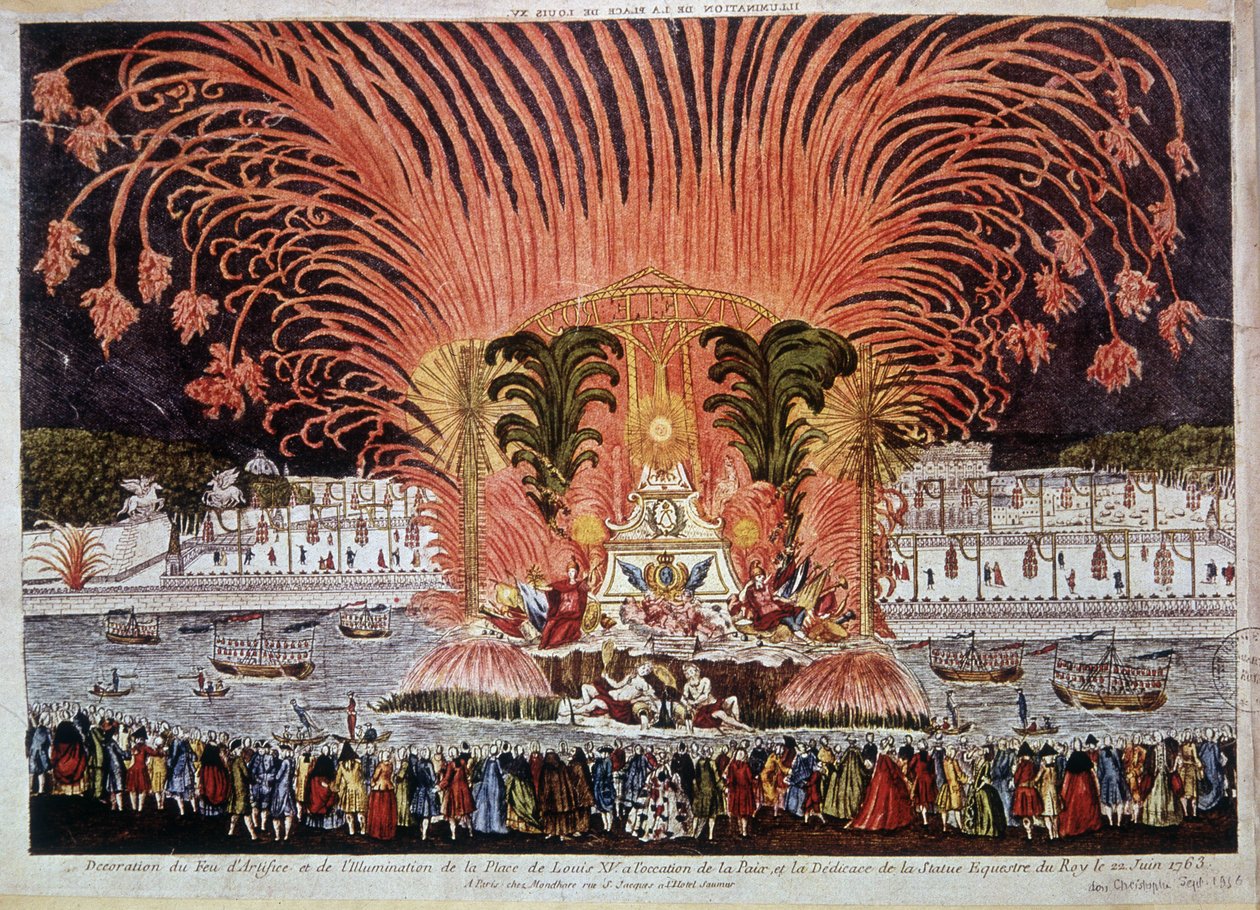 Udsmykning af fyrværkeri og belysning af Place de Louis XV i anledning af freden og indvielsen af rytterstatuen af kongen den 22. juni 1763 af French School
